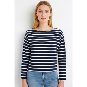 J.Crew Striped Boatneck Long Sleeve Top Black White Cotton Women's LARGE Coastal